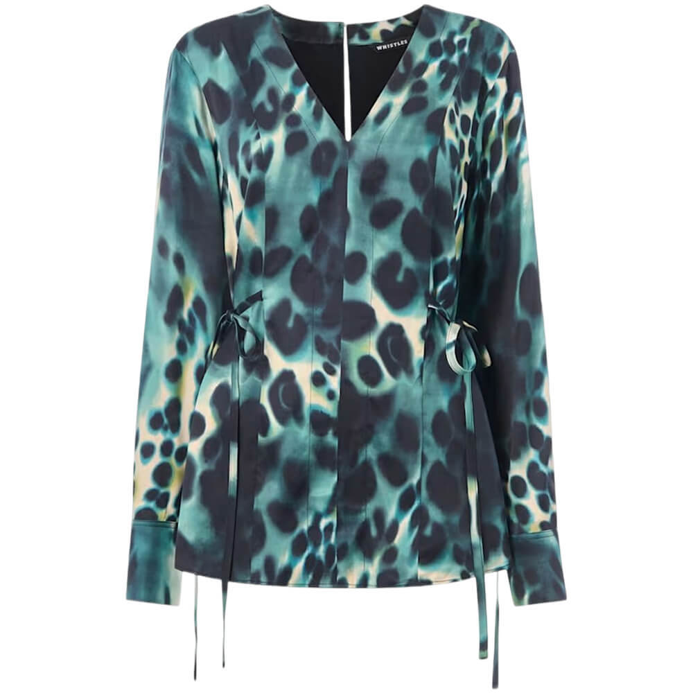 Whistles Green Misty Leopard V Neck Blouse